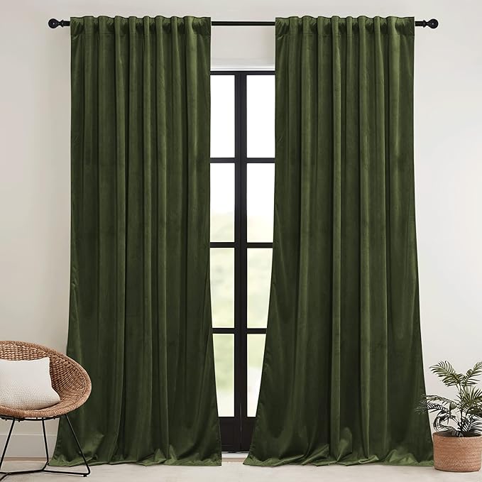 RYB HOME Olive Green Velvet Curtains with Hook Tape, Thermal Insulated Privacy Protect Decorative Drapes for Sliding Glass Door, W 62 x L 90 inches, 2 Panels Set