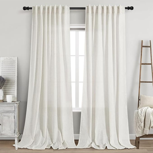 Nanspring Beige White Linen Curtains 102 Inches Long Rod Pocket Back Tab Drapes 2 Panels Set for Living Room Light Filtering Semi Sheer Beige White Curtain 102 Length for Patio Door Bedroom 52x102
