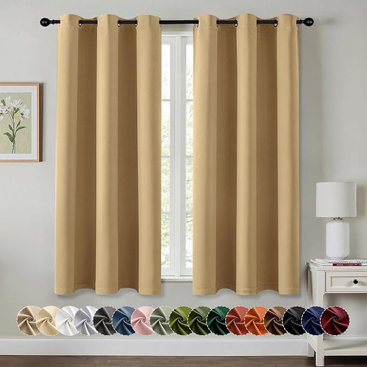 MIULEE Gold Blackout Curtains for Bedroom Living Room 63 Inches Long 2 Panels, Thermal Insulated Room Darkening Drapes Solid Grommet Noise Reduction Light Blocking Window Treatments 40x63 Inch