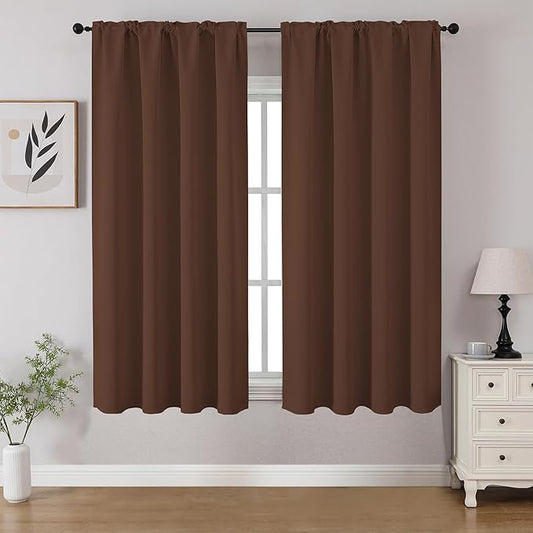 CUCRAF Brown Blackout Curtains 45 inch Length 2 Panels Set, Rod Pocket Room Darkening Drapes for Bedroom Living Room, Insulated Thermal Light Blocking Window Curtain (W52 x L45 Inch)
