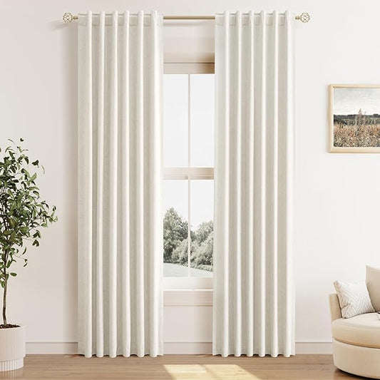 Guken Cream 100% Blackout Cream Linen Curtains 52 Inch Wide by 82 Inch 2 Panels Set for Living Room Bedroom Back Tab/Rod Pocket Thermal Insulated Black Out Drapes Room Darkening Window Curtains