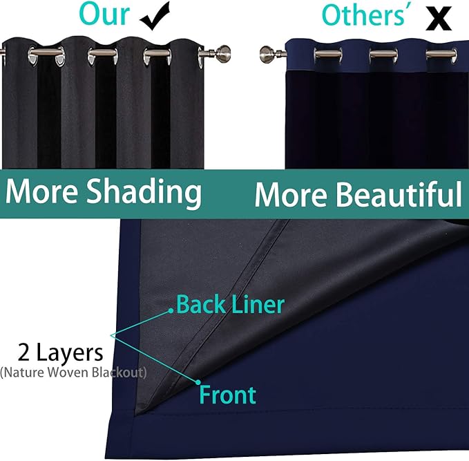 Yakamok 100% Blackout Curtains Energy Saving Thermal Insulated 2 Thick Layers Completely Blackout Drapes with Black Liner for Bedroom (52Wx108L, Navy Blue, 2 Panels)