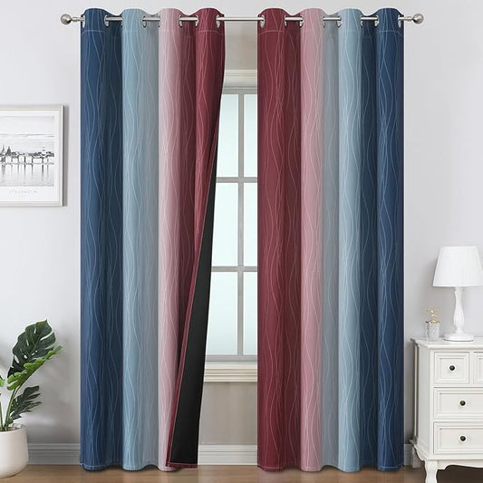Estelar Textiler Navy Blue and Burgundy Red Ombre Blackout Curtains for Bedroom 102 Inch Long, Thermal Insulated Grommet Complete Room Darkening Gradient Drapes for Living Room, 52Wx102L,2 Panels