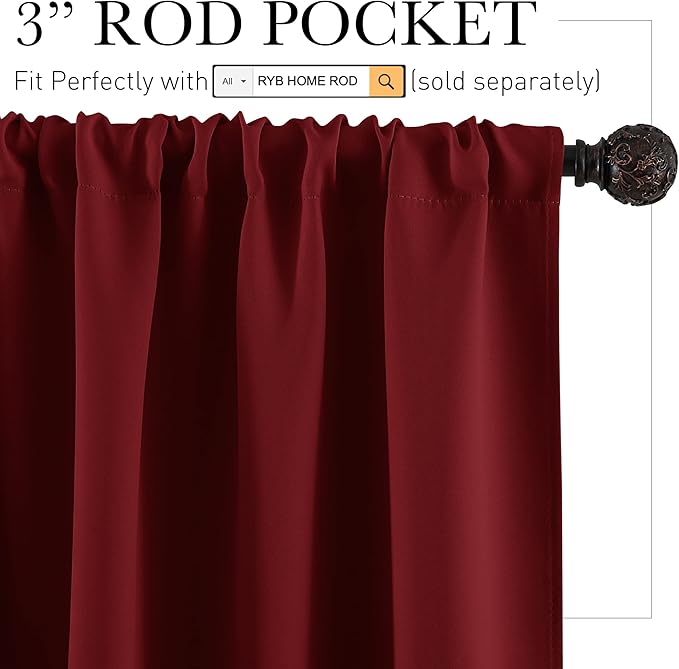RYB HOME Half Curtain Tiers 36 inch Length, Rod Pocket Summer Heat Blocking Thermal Insulated Short Blackout Curtains for Small Window, Width 34 by Length 36, Burgundy Red, 2 Panels