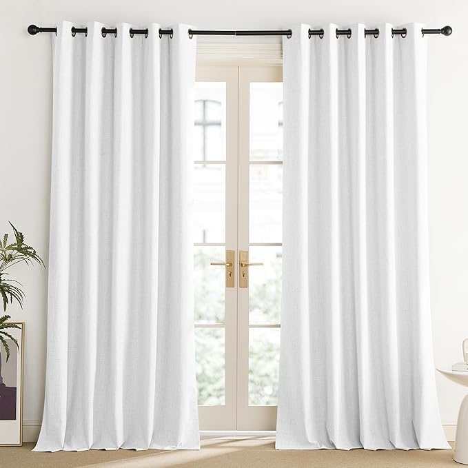 NICETOWN 100% Absolutely Blackout Linen Curtains with Thermal Insulated Liner, Greyish White, 62" Wide, 102" Length Energy Saving Curtains for Living Room 2 Panels Set, Vertical Blinds