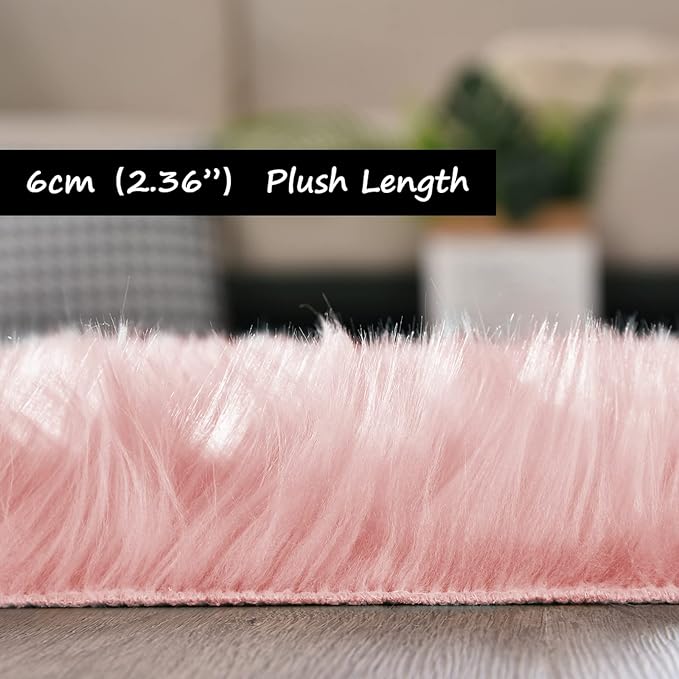 Goolela Pink Faux Sheepskin Fur Rug 4x6 Fluffy Fuzzy Furry Area Rug for Girls Bedroom Dorm Light Pink Shag Carpet for Playroom Washable Sheepskin