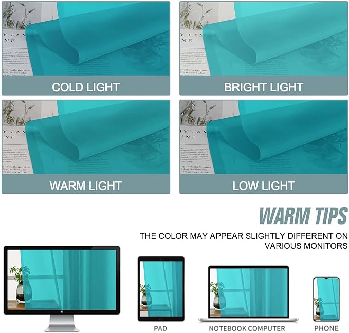 Window Sheer Curtains 54 inch Length, Soft Airy Light Filtering Sheer Curtain 2 Panels Set, Dual Rod Pocket Gauze Drapes for Living Room Bedroom, Turquoise, 2x42Wx54L Inches