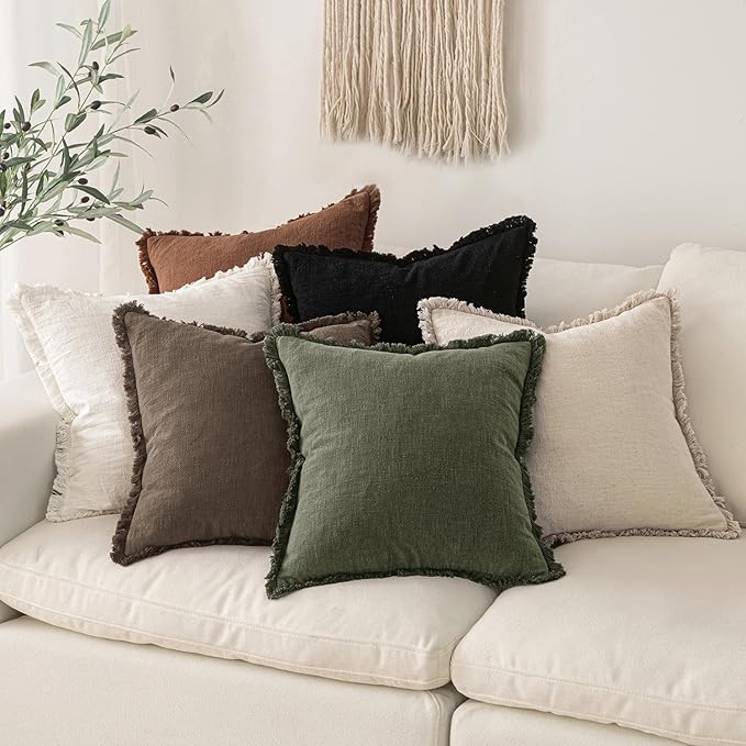 MIULEE Decorative Throw Pillow Covers Neutral Linen Fringe Throw Pillows Set of 2 Chocolate Brown Boho Farmhouse Cushion Covers with Tassels for Couch Sofa Bed Living Room Spring Decor 18x18 Inch