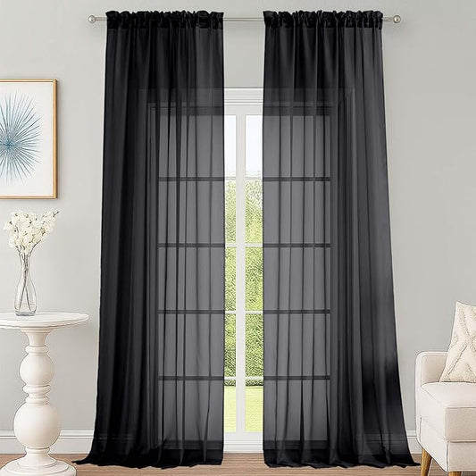 OWENIE Extra Long Black Sheer Curtains 144 inch 2 Panels Set, Translucent Backdrop Window Scarf Drapes for Canopy Bed/Wedding/Living Room/Anniversary, 12FT Length, Each 59Wx144L in, 2PCS