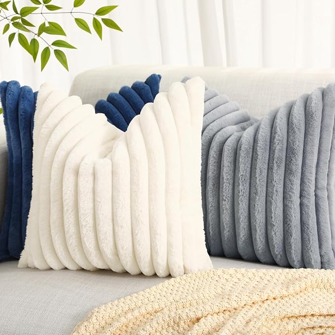 decorUhome Cozy Faux Fur Throw Pillow Covers 20x20 Set of 2 Decorative Soft Plush Striped Modern Farmhouse Boho Couch Pillow Cases with Velvet Back for Sofa Bed Living Room, Grey