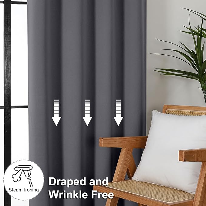 Simplebrand Ava Grey Blackout Curtains for Bedroom 63 Inch Length 2 Panels Set, Solid Thermal Insulated Privacy Living Room Window Treatment Curtains Blackout Drapes, W50 x L63 Inch
