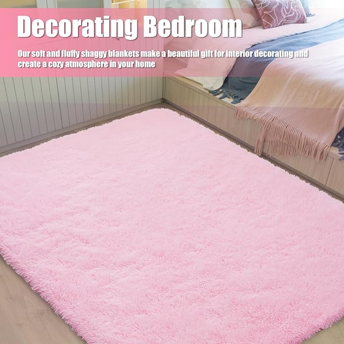 Shag Area Rug for Bedroom 4x6,Pink Fluffy Area Rugs for Living Room,Soft Fuzzy Rug Non-Shedding Indoor Plush Carpet for Kids Bedroom Nursery Dorm Home Decor