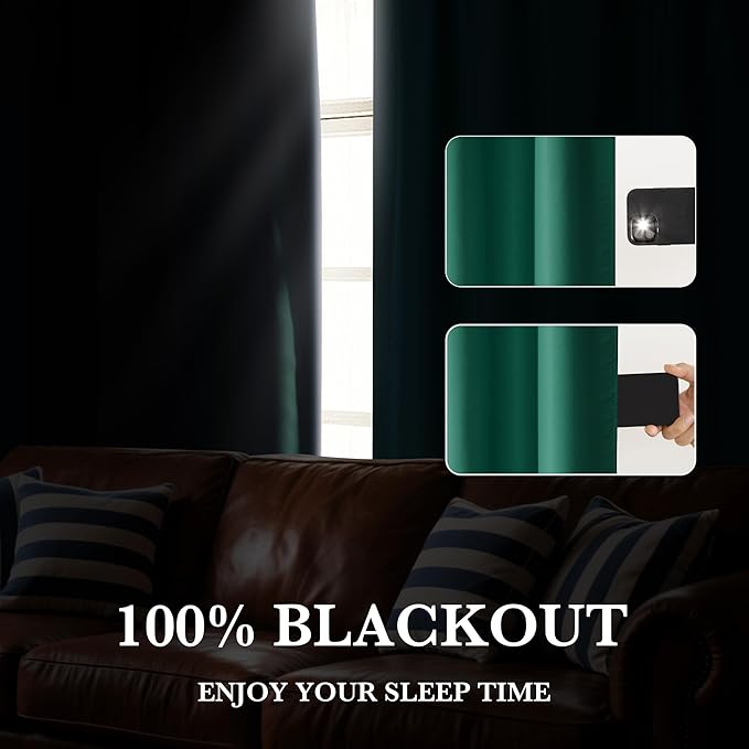 RYB HOME 100% Blackout Short Curtains for Small Window, Thermal Insulated Total Room Darkening Noise Reducing Curtains for Kitchen Bathroom Basement, 34 inches Wide by 48 inches Long, Dark Green