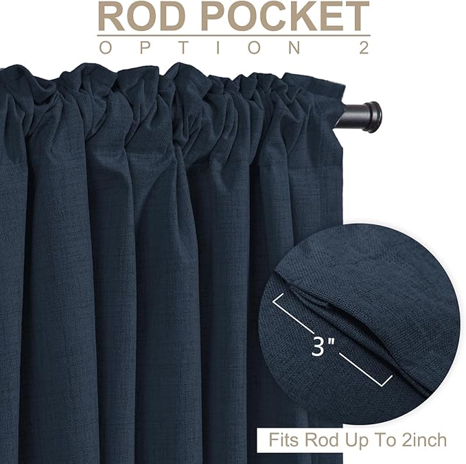 100% Blackout Shield Linen Blackout Curtains for Bedroom 96 Inches Long, Back Tab/Rod Pocket Living Room Drapes, Thermal Insulated Blackout Curtains 2 Panels Set, 50" W x 96" L, Navy