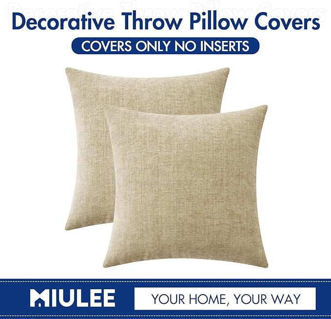 MIULEE Pack of 2 Beige Throw Pillow Covers 16x16 Inch Soft Chenille Pillow Covers for Sofa Living Room Spring Home Decor Couch Solid Dyed Cases