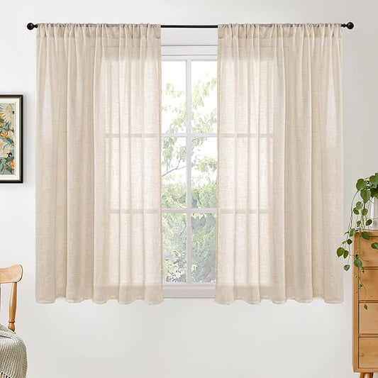 BGment Natural Linen Curtains 48 Inch Length for Windows, Short Semi Sheer Drapes Light Filtering for Cafe Bathroom Decor Rustic Lightweight Rod Pocket, 2 Panels Set, 42 Inch Wide Each Panel