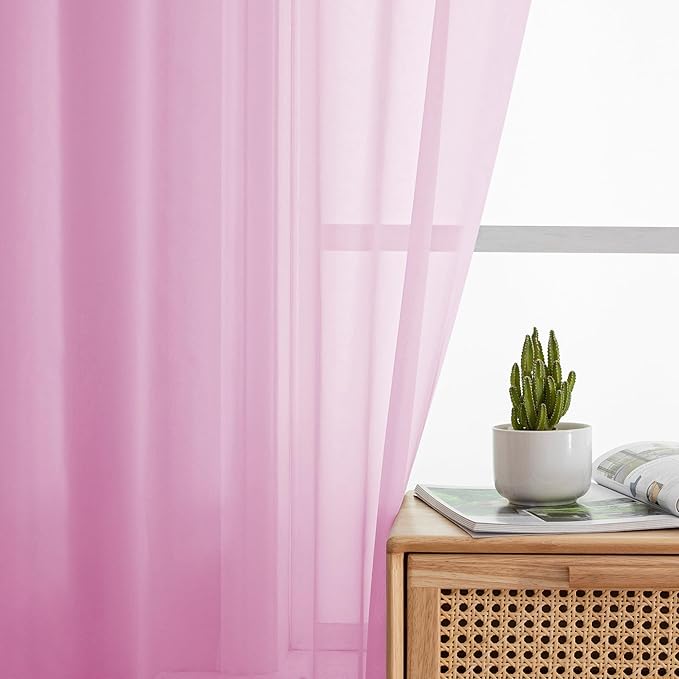 Simplebrand Pink Sheer Curtains 63 Inch Length 2 Panels, Rod Pocket Solid Color Window Sheer Curtain Panels, Elegant Curtains & Drapes for Living Room, Bedroom 2 Panels (42" W x 63" L)