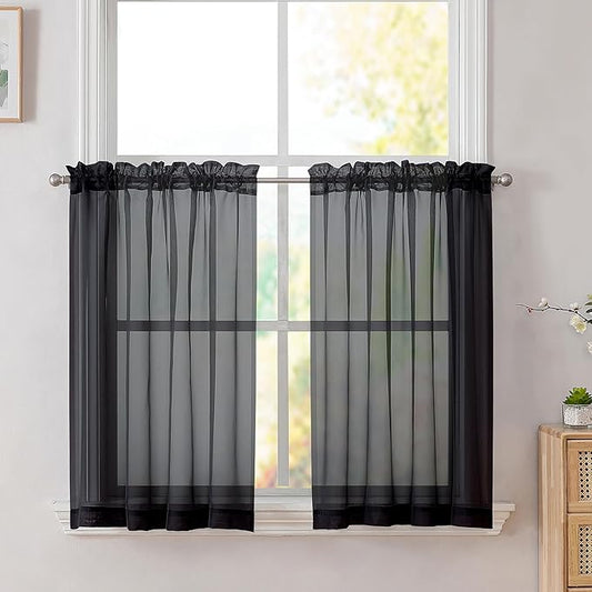 Simplebrand Black Sheer Kitchen Cafe Curtains - 36X36 Inch, 2 Paneled Tier Curtain Rod Pocket Sheers for Bathrooms, Small Windows