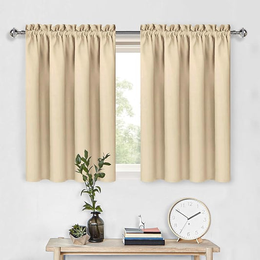 DWCN Beige Room Darkening Curtains for Kitchen/Bedroom, 60 x 36 inches Long - Energy Saving Window Drapes for Nursery with Rod Pocket, Set of 2 Panels