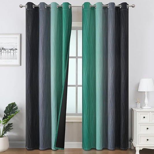 Estelar Textiler Black and Green Ombre Blackout Curtains 84 Inch Length 2 Panels Set for Living Room, Energy Saving Thermal Insulated Light Blocking Grommet Window Drapes for Bedroom,52Wx84L,2 Panels