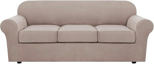 H.VERSAILTEX 4 Piece Stretch Sofa Covers for 3 Cushion Couch Covers for Living Room Slipcovers (Base Cover Plus 3 Seat Cushion Covers) Upgraded Thicker Jacquard Fabric (Sofa, Sand)