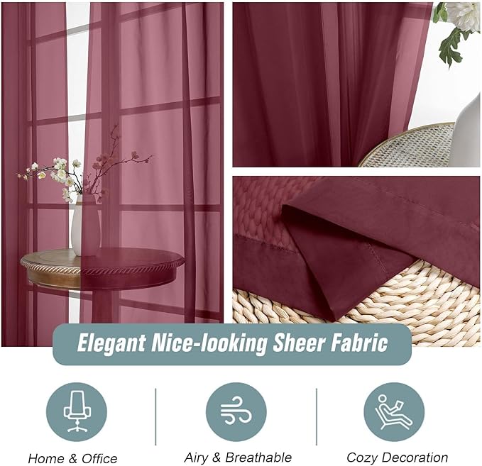Burgundy Sheer Curtains 90 Inches Long 2 Panels, Light Filtering Solid Sheer Curtains for Bedroom Living Room Christmas Party, Lightweight Voile Sheer Drapes, Dual Rod Pocket, 2x42Wx90L Inches