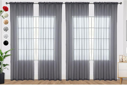 SpaceDresser Grey Sheer Curtains 4 Panels Rod Pocket Semi-Sheer Curtain 63 Inches Long Light Filtering Voile Window Drapes for Bedroom Living Room Kitchen, Each 52W x 63L