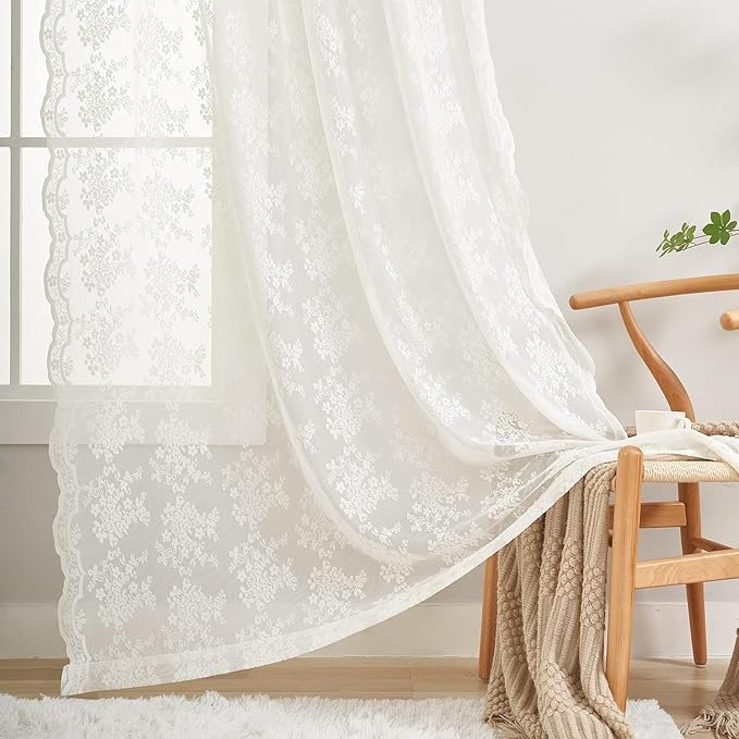 YJ YANJUN Vintage Lace Curtains 120 Inches Long-Antique Floral Ivory Privacy High Ceiling Sheer Curtain Panels for Dining Room, Patio Door, Large Windows - Rod Pocket 52x120 10 FT Tall Cream