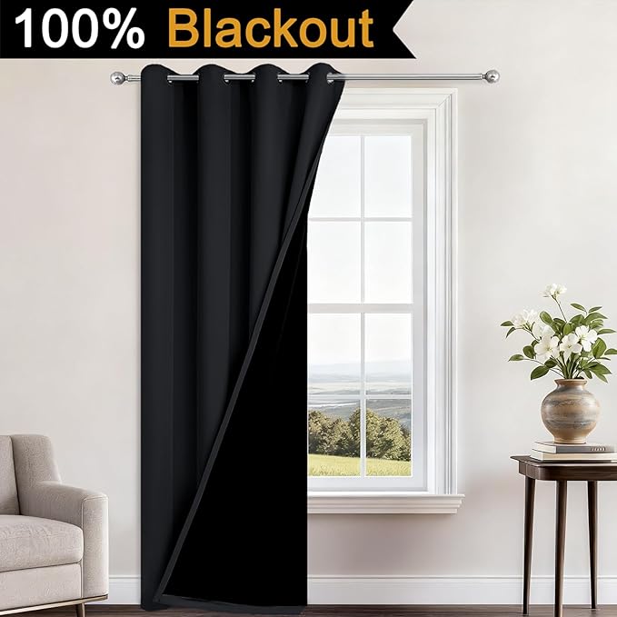 Yakamok 84 Inch Length 100% Blackout Curtains for Bedroom, 2 Thick Layers Thermal Insulated Grommet Total Blackout Drapes with Black Liner for Living Room (52Wx84L,Black, 1 Panel)