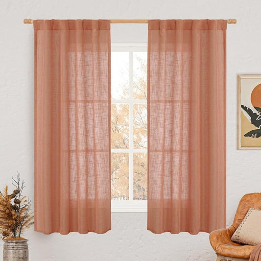 LAMIT 63 Inch Semi Sheer Linen Curtains, Light Filtering Panels Back Tab and Rod Pocket Fall Decor Drapes for Bedroom/Living Room, Terracotta, 2 Panels, 34 x 63 Inch