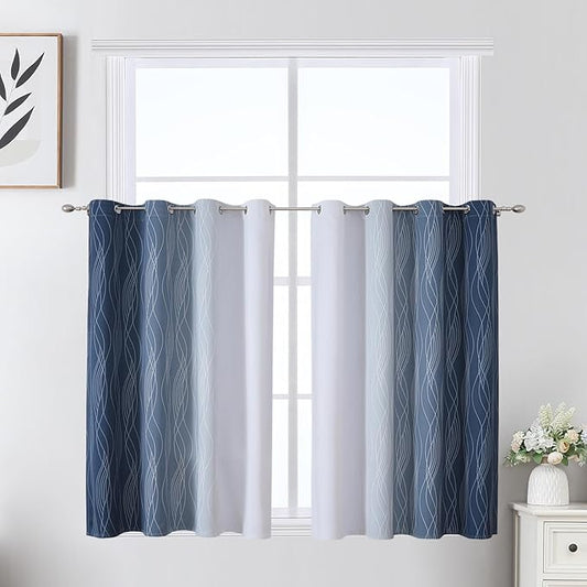 Estelar Textiler Navy Blue and Greyish White Ombre Short Blackout Cafe Curtains 36 Inch Length, Thermal Insulated Grommet Small Half Window Drapes for Kitchen/Basement/RV Camper, 52Wx36L, 2 Panels