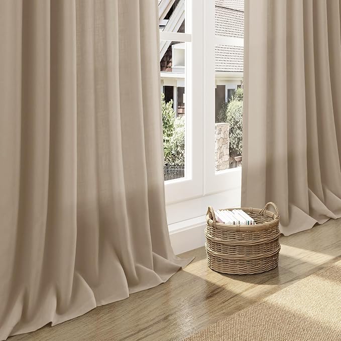 Nanspring Sepia Beige Linen Curtains 84 Inch Length 2 Panels Set for Living Room Rustic Farmhouse Decor Light Filtering Semi Sheer Curtain Back Tab Neutral Modern Drapes for Bedroom Office 52x84
