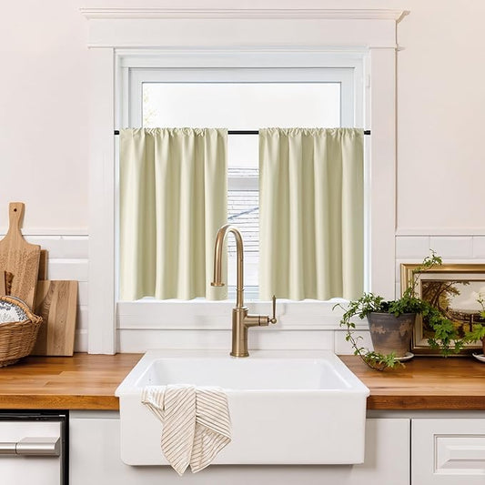 RYB HOME 100% Blackout Basement Curtains 24 inches Long, Heat & UV Blocking Total Room Darkening Noise Reducing Curtains for Bathroom RV Campers, Beige, 2 Panels Set