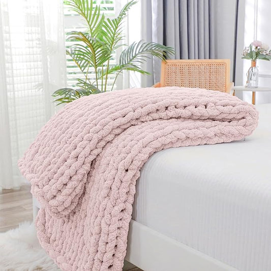 Bigacogo Chunky Knit Throw Blanket for Couch, 40x40 inches, 100% Hand Knitted with Thick Jumbo Chenille Yarn, Cozy Soft Large Rope Knot Cable Crochet Blankets for Sofa Bed Living Room, Rose Tan