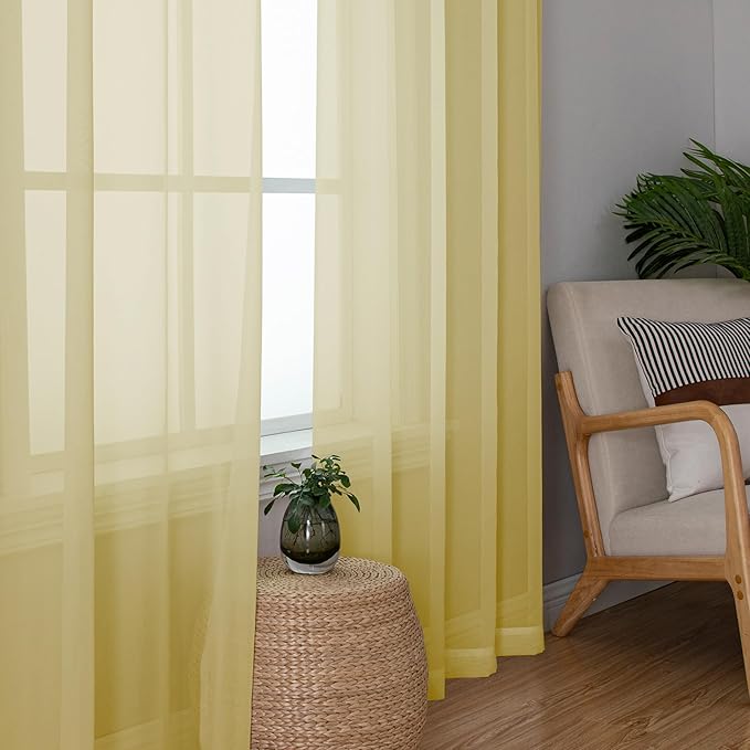 Simplebrand Yellow Short Sheer Curtains 45 Inch Length for Small Windows, Rod Pocket 2 Panels Set Solid Voile Drapes Window Sheer Curtains for Bedroom Bathroom Kids Room Kitchen, 42x45 Inch, 2pcs