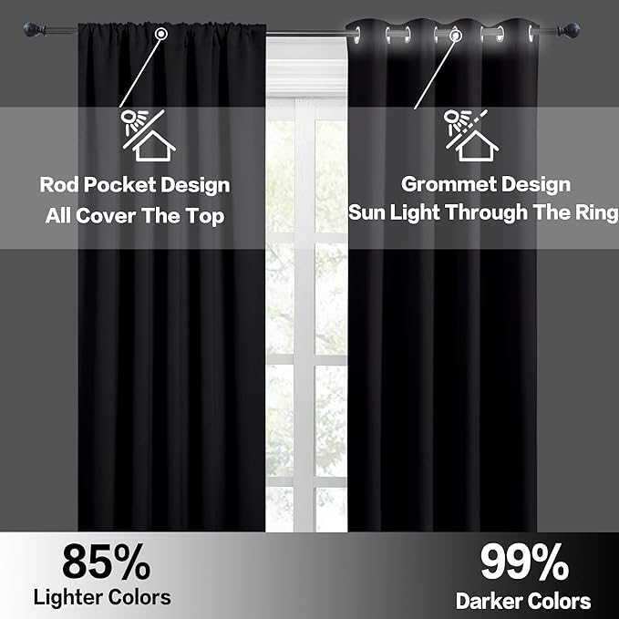 RYB HOME Black Blackout Curtains for Bedroom Living Room 72 inches Long, Thermal Insulated Privacy Rod Pocket Drapes for Nursery Office Home Theater, Width 42 by Length 72, 2 Panels