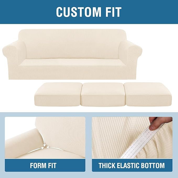 H.VERSAILTEX 4 Piece Stretch Sofa Covers for 3 Cushion Couch for Living Room Furniture Slipcovers (Base Cover Plus 3 Seat Cushion Covers) Thicker Jacquard Fabric (Large Sofa, Cream)