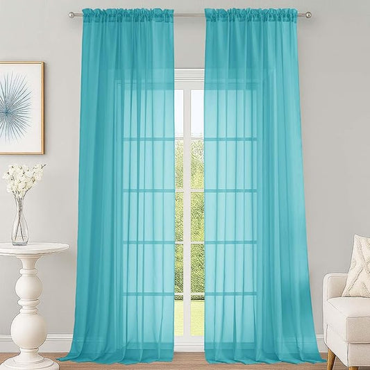 OWENIE Turquoise Sheer Curtains 120 Inches Long 2 Panels Set, Airy Lightweight Sheer Turquoise Curtain for Living Room Bedroom, Farmhouse Voile Filmy Rod Pocket Curtains Drapes, 2 Pcs, Each 59"Wx120"L