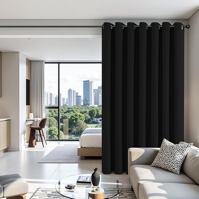 Joydeco Blackout Patio Sliding Door Curtains 84 Inches Long, Grommet Privacy Room Divider Curtains, Extra Wide Thermal Blackout Drapes for Bedroom Living Room (Black, 60Wx84L, 1 Panel)