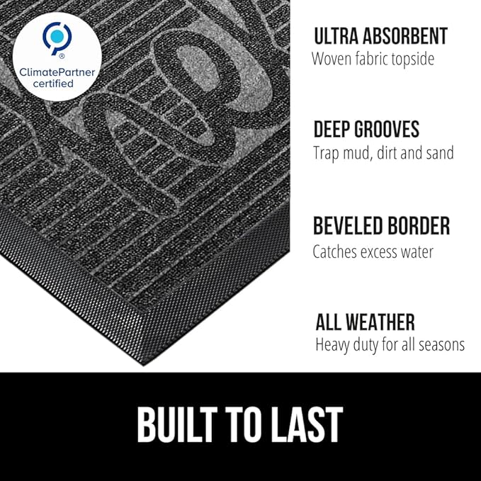 GORILLA GRIP 100% Waterproof All-Season WeatherMAX Doormat 35x23, US Designed Natural Rubber, Stain and Fade Resistant, Low Profile Indoor Outdoor Door Mats, Easy Clean Patio Mat, Charcoal Hello