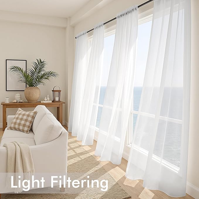 MIULEE White Sheer Curtains 108 Inches Long, 4 Panels Set, Light Filtering Rod Pocket Voile Drapes for Living Room and Bedroom, Airy Soft Fabric Window Treatments, 54 x 108 Inches