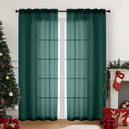 Green Sheer Curtains for Window 72 inches Long 2 Panels, Soft Airy Light Filtering Sheer Curtains for Christmas Decoration, Dual Rod Pocket Solid Window Drapes, Hunter Green, 2x42Wx72L inches