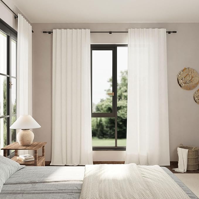 Nanspring Beige White Linen Curtains for Living Room 92 Inches Long Back Tab and Rod Pocket Light Filtering Semi Sheer Curtain Rustic Farmhouse Decor Luxury Drapes for Bedroom Office 52x92, 2 Panels
