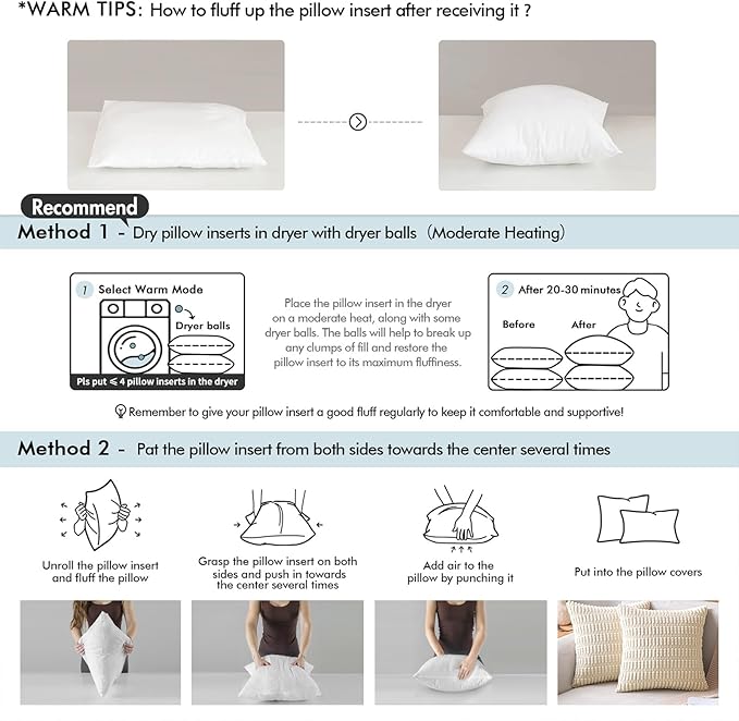 MIULEE Throw Pillows Inserts, Pack of 2 12x20 Inch 100% Virgin Fiber Filling Bed Couch Pillows