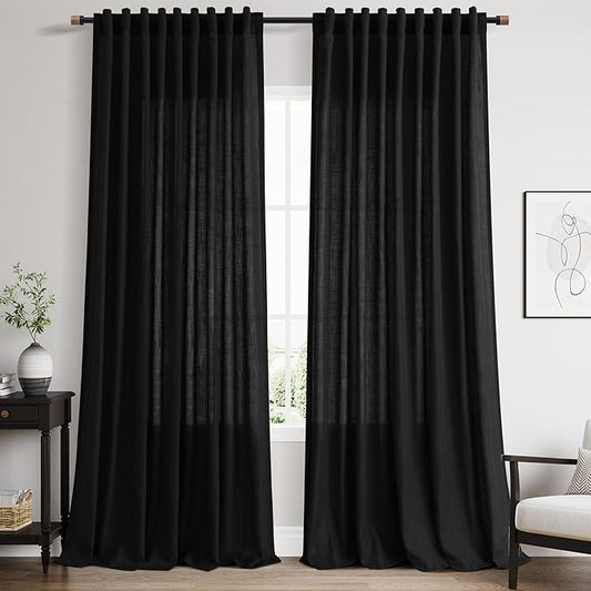 Nanspring Extra Long Black Linen Curtains 108 Inches Long 2 Panels Set for Living Room Privacy Simple Modern Semi Sheer Curtains Linen Textured Curtain for Bedroom Large Window 70x108