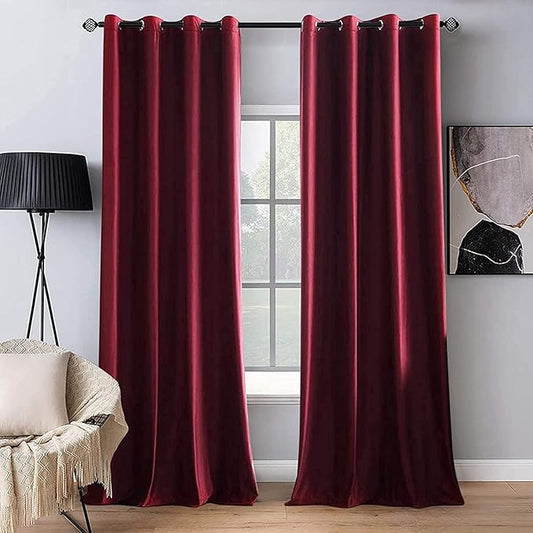MIULEE Christmas Burgundy Velvet Curtains Solid Soft Red Blackout Curtain Grommet Top Thermal Soundproof Room Darkening Curtains/Drapes/Panels for Living Room Bedroom 52 x 90 Inch 2 Panels