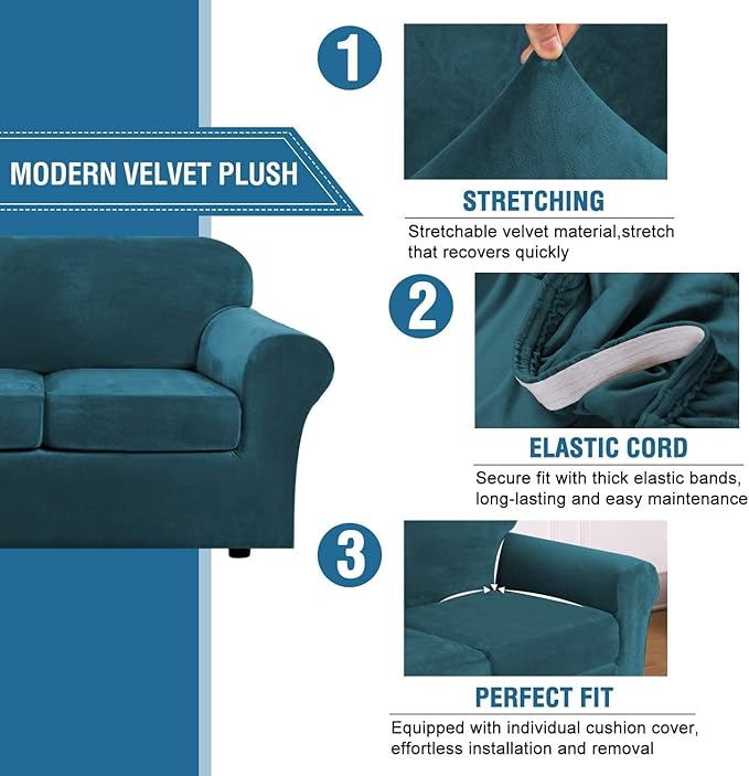 H.VERSAILTEX High Stretch Sofa Slipcover 4 Piece Cover Velvet Furniture Protector Form Fit Thick Velvet Extra Large Sofa Cover for 3 Cushion Couch Width Up to 97 Inch (Large Sofa, Deep Teal)