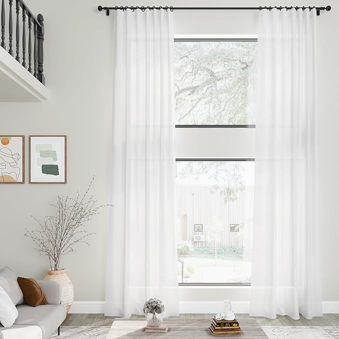 Nanspring White Linen Curtains for Living Room Extra Long Back Tab Curtains 125 Inches Long Farmhouse Light Filtering Semi Sheer Linen Drapes Ceiling to Floor for Large Window 2 Panels Set 52x125
