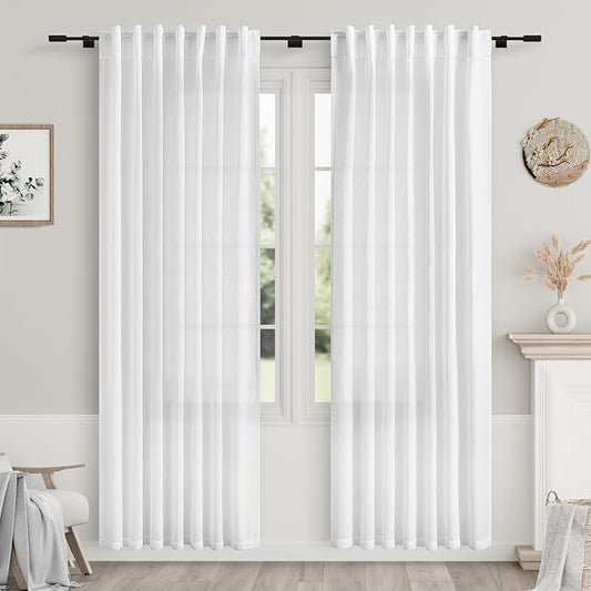 Nanspring White Linen Curtains for Bedroom Back Tab Light Filtering Privacy Sheer Curtains 81 Inches Long Modern Farmhouse Coastal Decor Linen Textured Gauze Drape for Bathroom 2 Panels Set 52x81