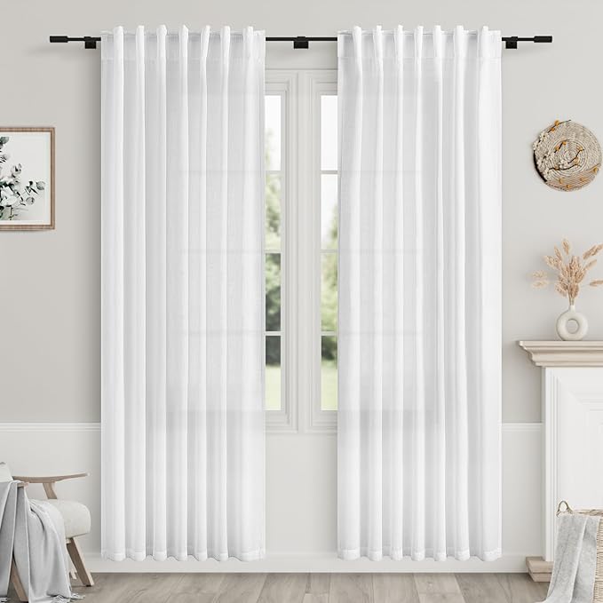 Nanspring White Semi Sheer Linen Curtains 88 Inch Length for Living Room Back Tab Rod Pocket Modern Farmhouse Coastal Decor 2 Panels Set Linen Textured Gauze Curtains for Dining Room Office 52x88